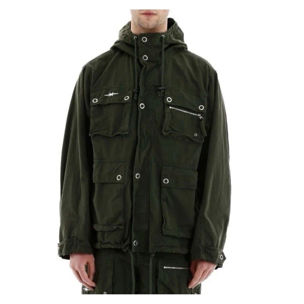PHIPPS Men’s Logo Embroidered Cotton Twill Parka Jacket Hooded In Army Green - M